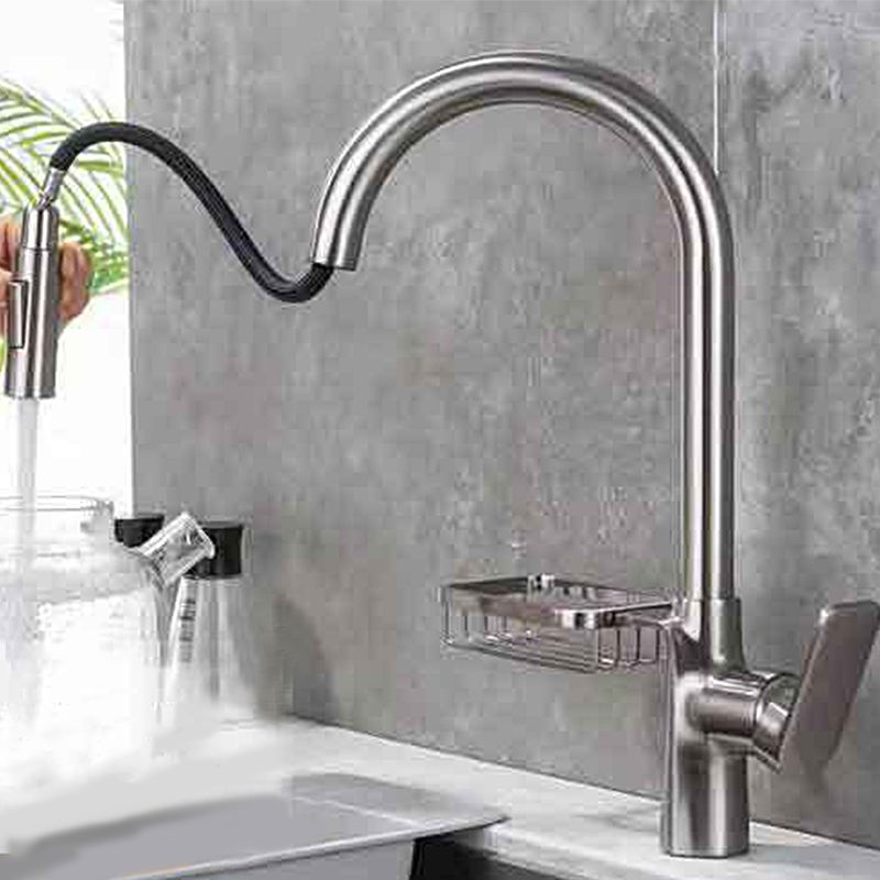 Contemporary Faucet Stainless Steel Single Handle High Arc Retractable Faucet for Kitchen