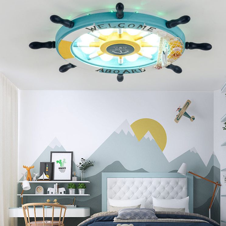 Salle des enfants Plafond Fixation de la lumière Creative Boy Bedroom Study Cartoon Pirate Ship Rudder Mediterranean Style LED LED