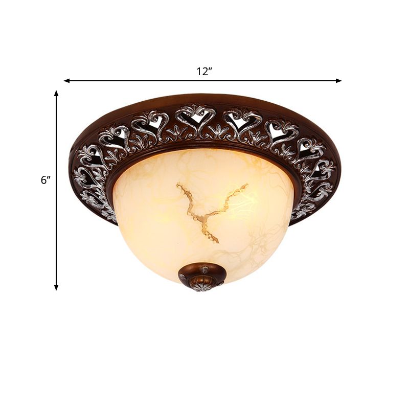 Retro Bowl-Like Flush Mounted Light 2/3/4-Bulb Crackle Glass Ceiling Fixture in Coffee for Balcony, 12"/16"/19.5" W