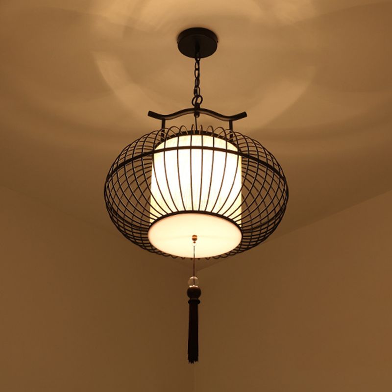 Cylindre salle à manger suspension léger tissu traditionnel 12 "/ 16" /19,5 "large 1 kit de lampe suspendue noire / or clair avec cage