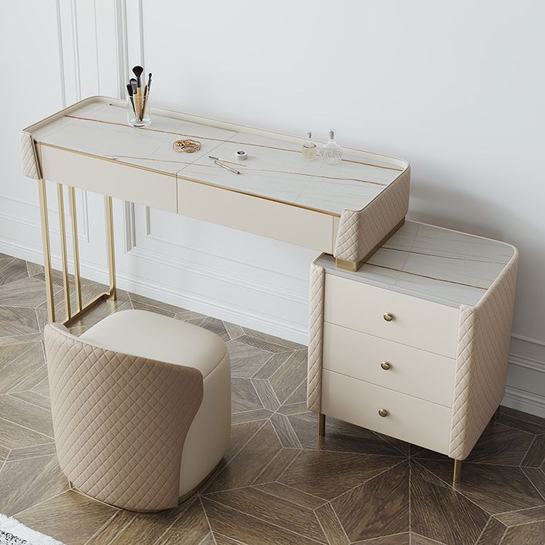 Glam Style Beige Rock Slate Vanity with 5 Drawers Metal Base