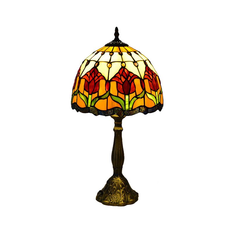 Flower Stain Glass Table Lamp Tiffany Style 1 Light Brass Nightstand Light for Bedroom