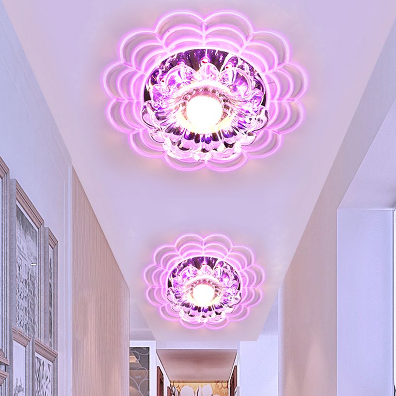 Contemporary Bloom LED Flush Mount Clear Crystal Glass Hallway Ceiling Mounted Fixture in Stainless-Steel, Warm/White/Multi Color Light