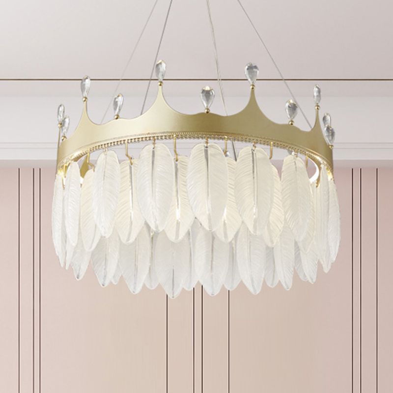 3-Colored LED Crystal Feather Chandelier Lamp Crown Shape Modern Crystal Hanging Chandelier with Clear Glass Feather Lamp Shade