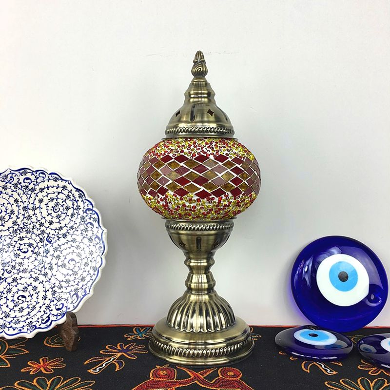 Single Night Stand Light Turkish Bedroom Table Lamp with Spherical Yellow/Red/Blue Glass Shade in Bronze