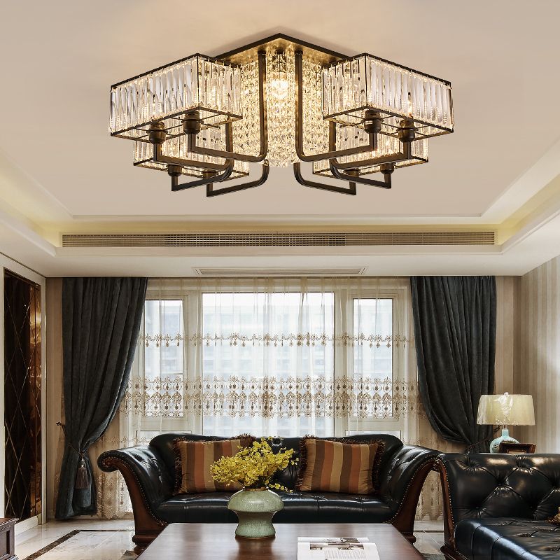 5/9/13 Lights Kubieke Semi-flush Light Modern Metal en Clear Crystal Ceiling Mounted Fixture in Black