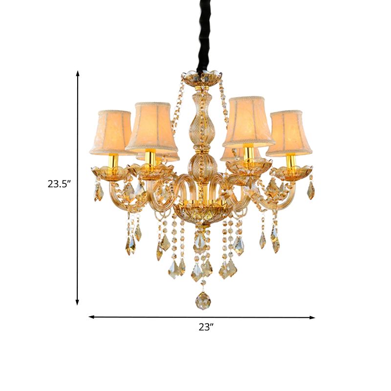 Retro Candle/Bell Chandelier Light 6 Bulbs Amber Beveled Crystal Pendant Lamp in Gold with/without Fabric Shade