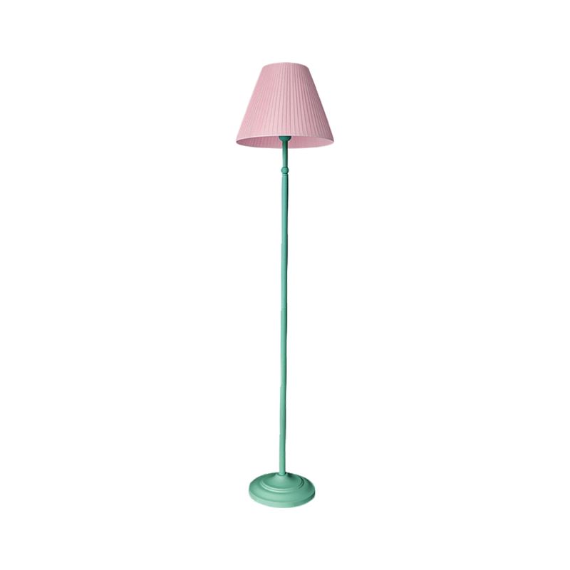Macaron Straight Rod Iron Floor Light 1-Light Standing Floor Lamp in Pink/Green with Pink/Yellow Pleated Shade