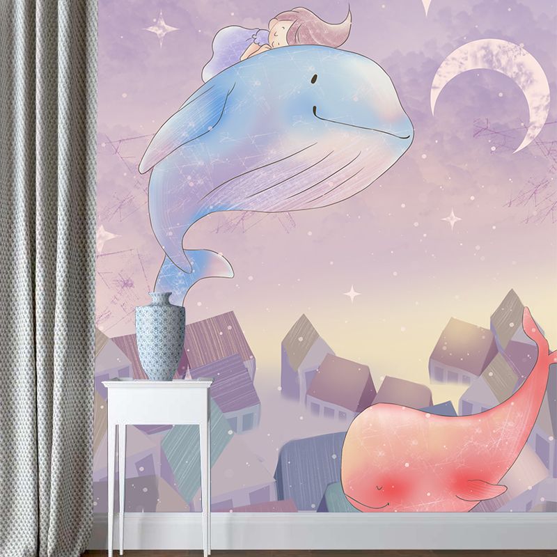 Dreamy Girl Riding Whale Mural for Bedroom Cartoon Wall Decor, Personalized Size
