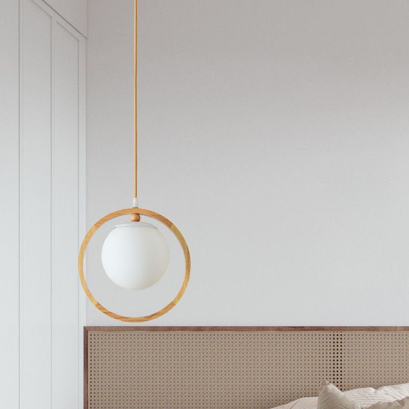 Opaline Glass Ball Cluster Pendant Nordic Style Beige Hanging Light Fixture with Wooden Ring
