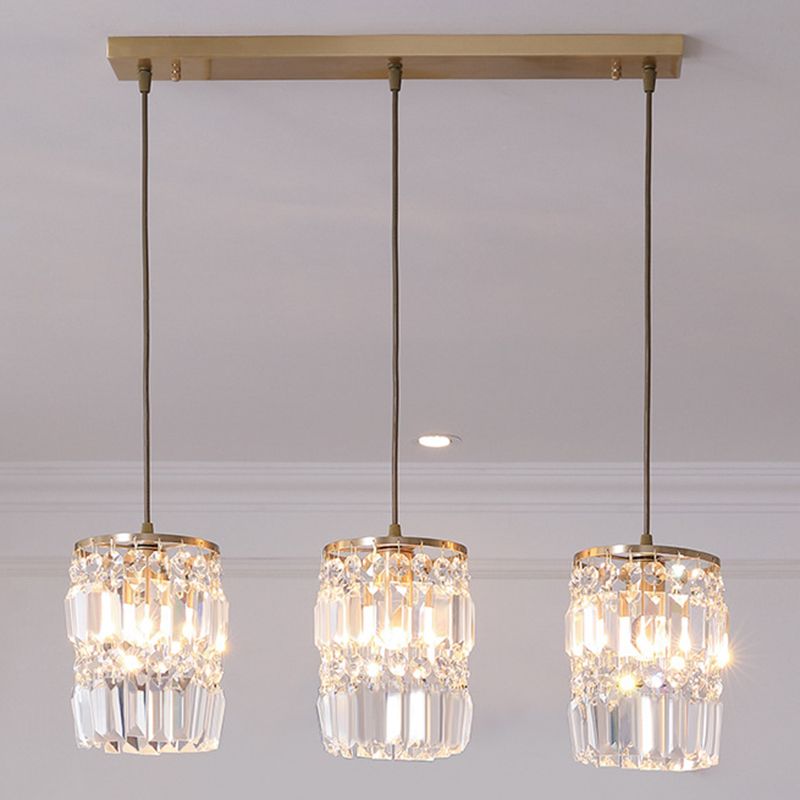 3-Lights K9 Crystal Drops Shade Island Light Brass Contemporary Style Kitchen Bar Hanging Lamp in Gold