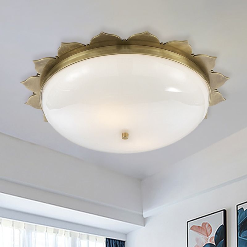 3 Heads Opal Glass Ceiling Light Colonialist Gold Bowl Shape Bedroom Flush Mount Recessed Lighting
