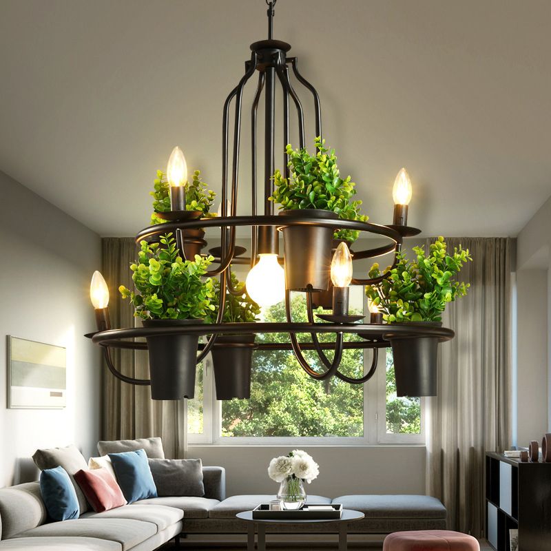 Candelabra Restaurant Hanging Lamp Vintage Iron 7 Heads Black Chandelier Pendant Light with Artificial Potted Plant