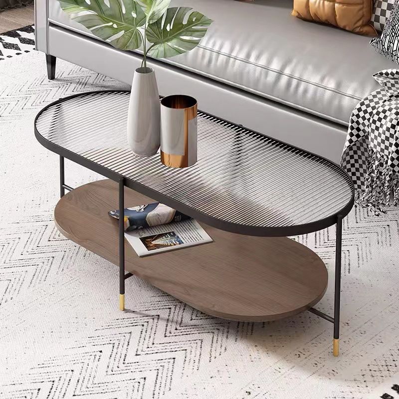 Modern Oval / Round Glass Coffee Table Iron 4 Legs Cocktail Table with Shelf