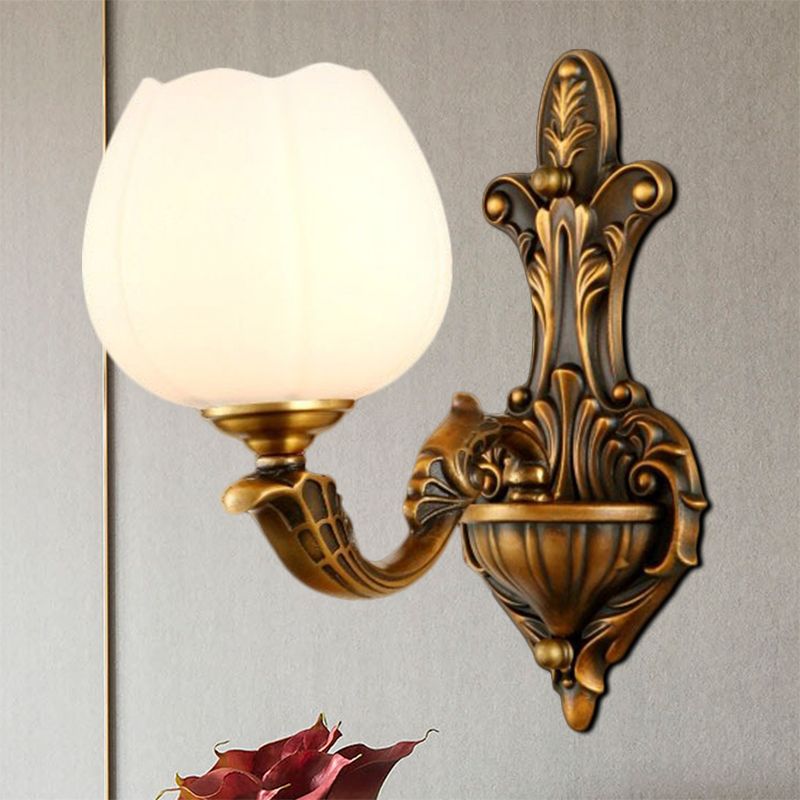 1/2-Light Bowl Shade Wall Sconce Vintage Stylish Antique Brass Metal Wall Light with Milky Glass Shade