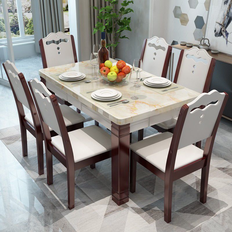 Modern Style Marble Dining Table Set Rectangular Dining Table with Solid Wood Base