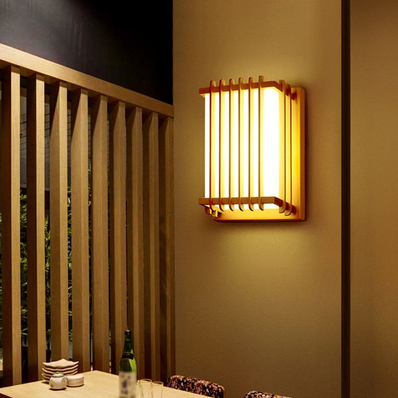 Japanese Style Led Wall Light Wooden Rectangle Shape Wall Lamp for Living Room
