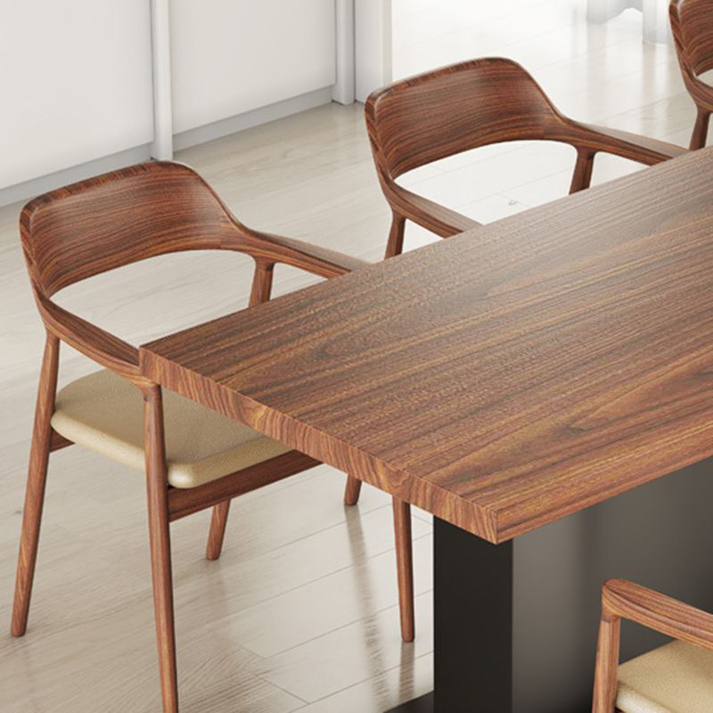 Brown Walnut Top Dining Table Modern Rectangle Black Metal Pedestal Table