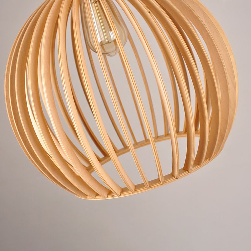 Spherical Caged Pendant Lamp Minimalist Wooden 1-Light Restaurant Hanging Light