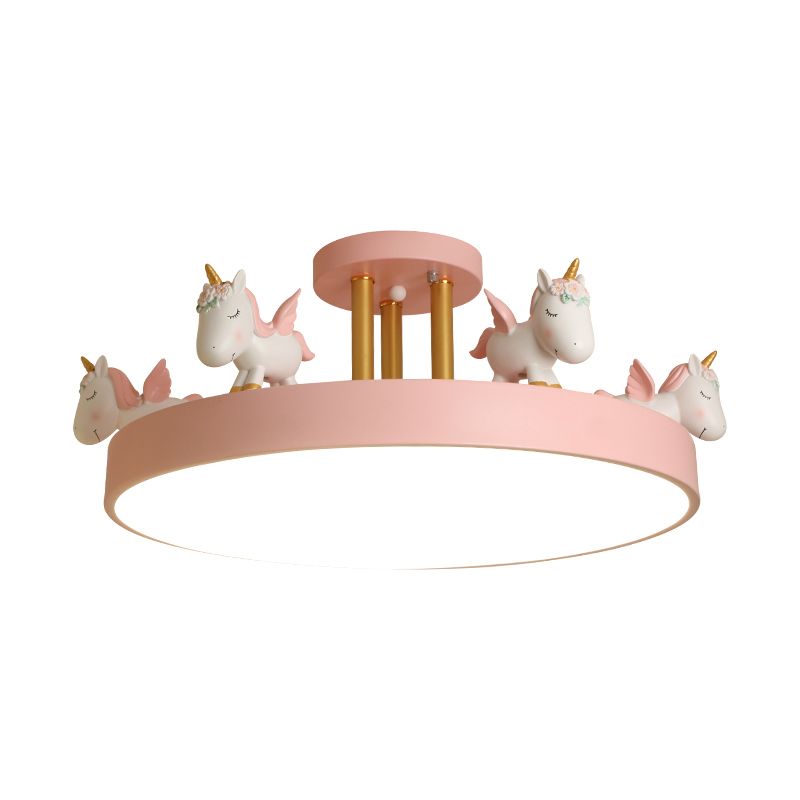 Round LED Semi Flush Mount Kids Style Acrylic Nursery Ceiling Mounted Light with Resin Unicorn