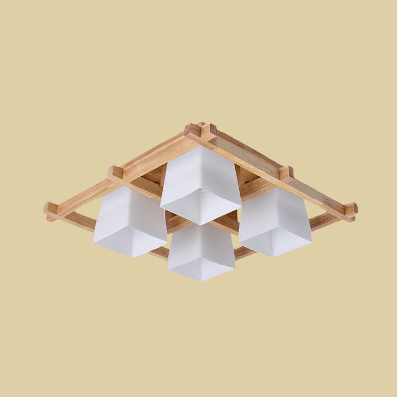Weißes Glas Trapezoid Flush Licht Japanische 4/6-Birne Deckenbefestigung mit Holzgitter-Rahmen