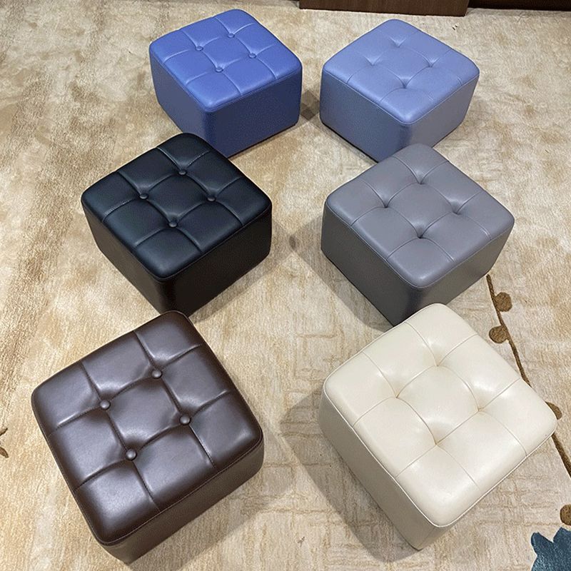 Mid-Century Modern Pouf Ottoman Genuine Leather Solid Color Tufted Square Ottoman