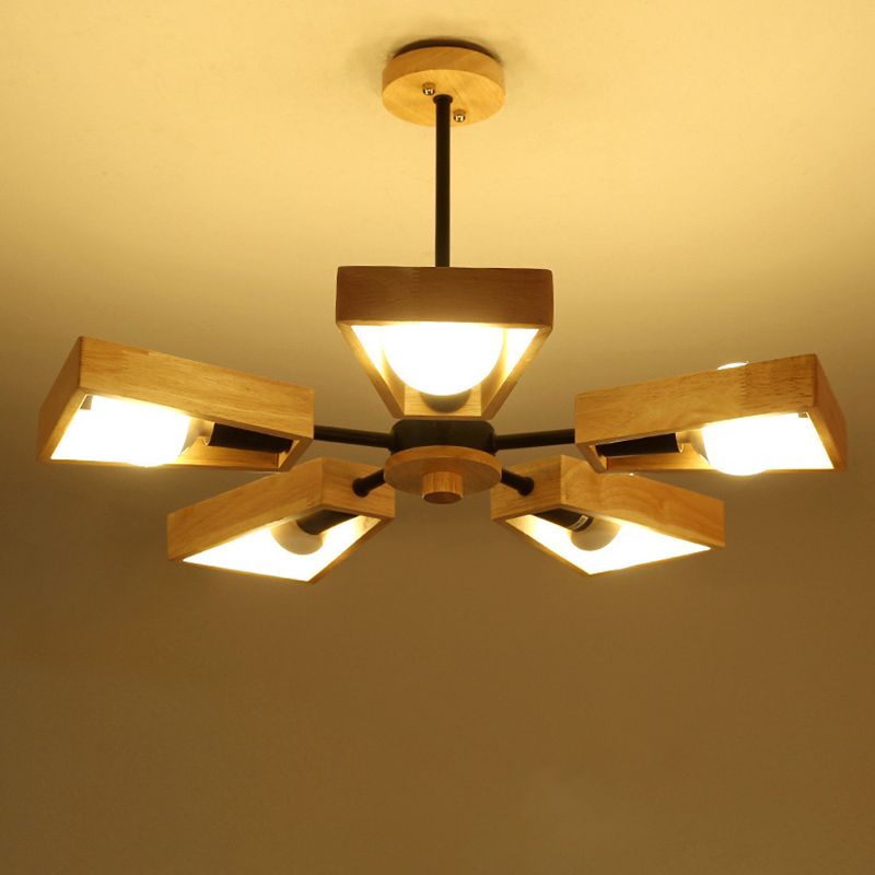 Trapezoid Frame Living Room Suspension Light Wood Minimalist Chandelier Lighting Fixture