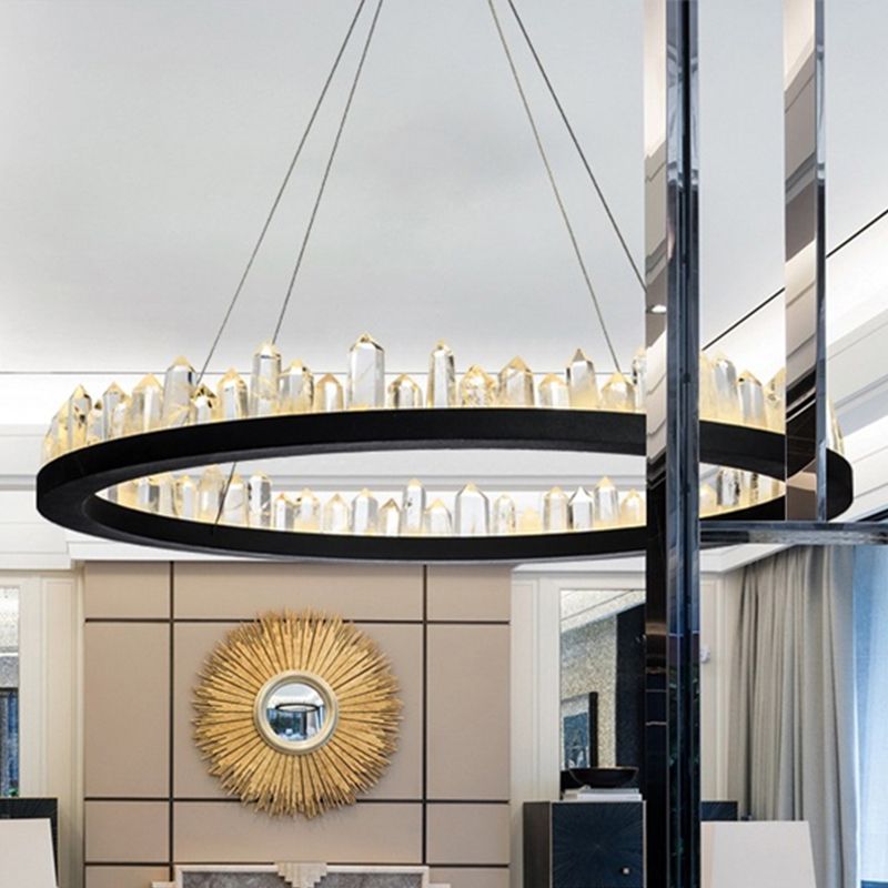 Lampadante a pendente ad anello di cristallo LED contemporaneo LED Nero appeso al soffitto in luce calda/bianca per soggiorno