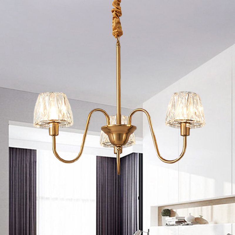 3/6 Bulbs Conical Chandelier Lighting Contemporary Gold Finish Faceted Crystal Pendulum Lamp with Gooseneck Arm