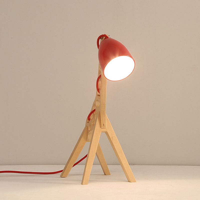 Cartoon Bell Night Light Metal 1-Light Bedroom Table Lamp in Blue/Red/Green with Standing Giraffe Wood Base