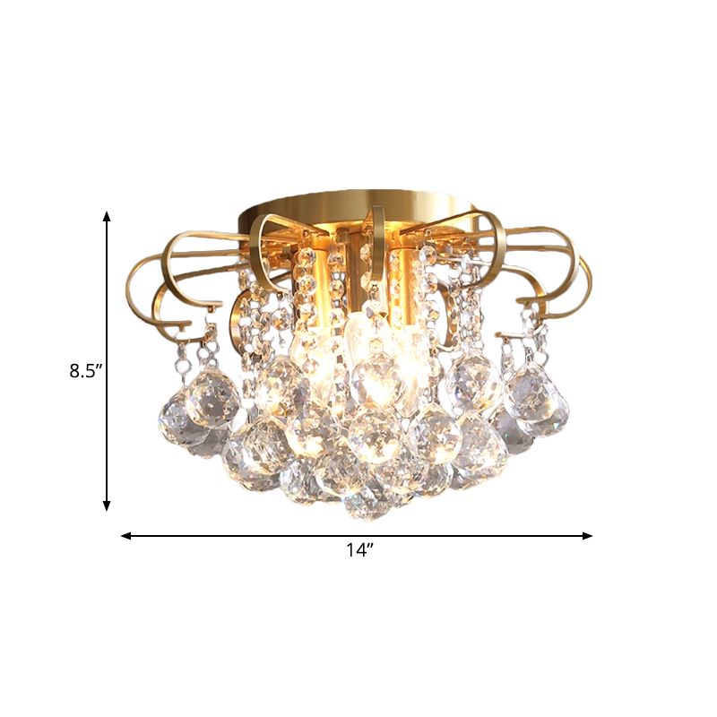 3-Bulb Faceted Crystal Orb Ceiling Flush Vintage Gold Flower Living Room Flush Mount Chandelier