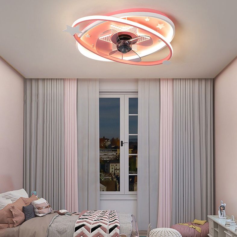 Oval Semi Flush Ceiling Light Kids Metal Bedroom LED Ceiling Fan Lamp Fixture
