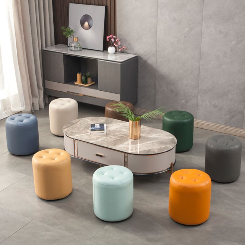 Modern Round Ottoman Solid Color Genuine Leather Tufted Pouf Ottoman