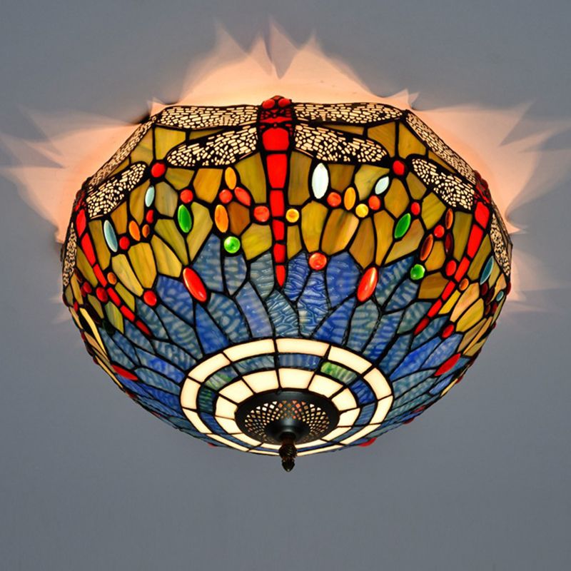 3 Heads Living Room Ceiling Mounted Fixture Tiffany Red/Yellow/Orange Flush Mount Lamp with Dragonfly Stained Glass Shade