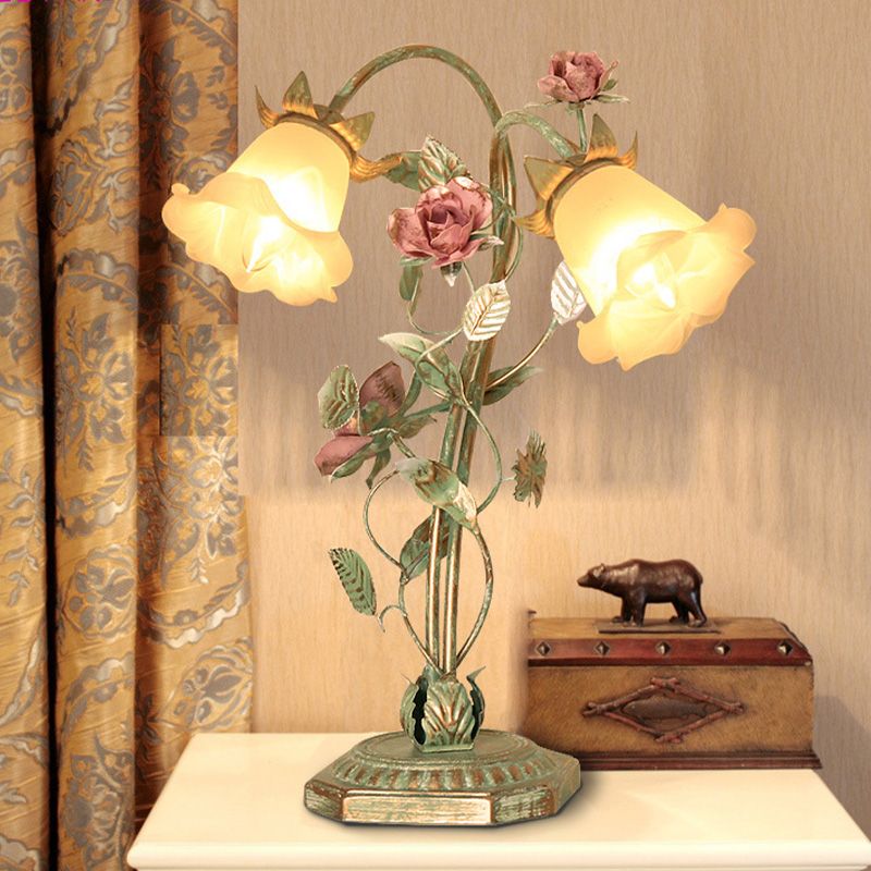Flared Bedroom Night Table Light Pastoral Metal 1/2 Lights Green Nightstand Lamp with Flower Decoration