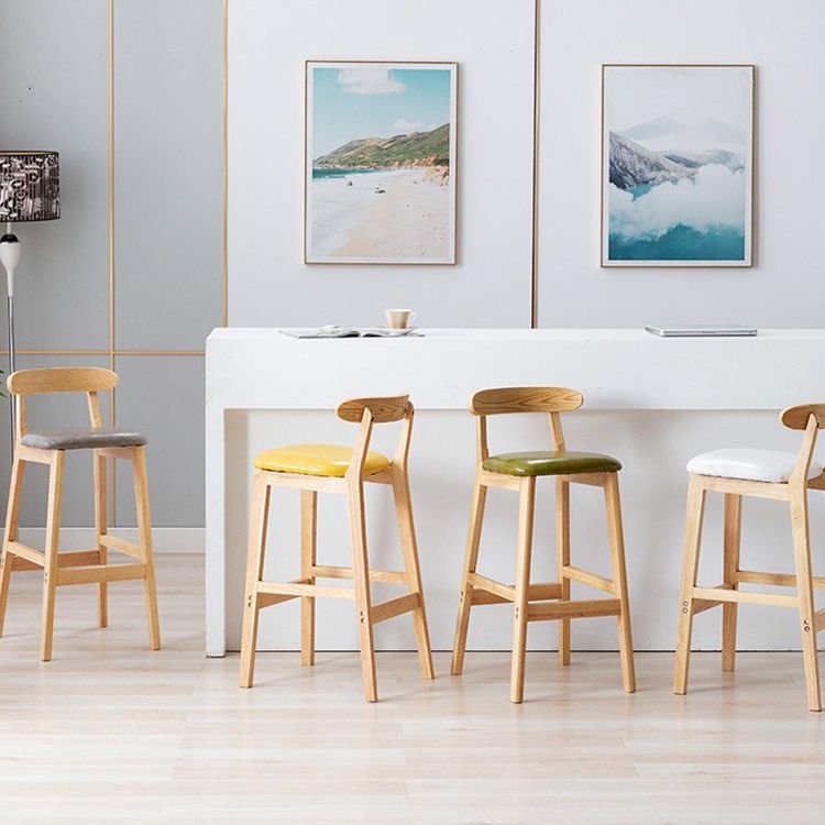 Scandinavian Milk Tea Shop Upholstered Stool Matte Finish Rubberwood Footrest Barstool