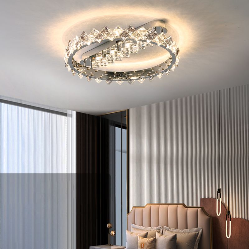 Modern Circular Flush Light Fixture Crystal 1 Light Flushmount Lighting in Grey