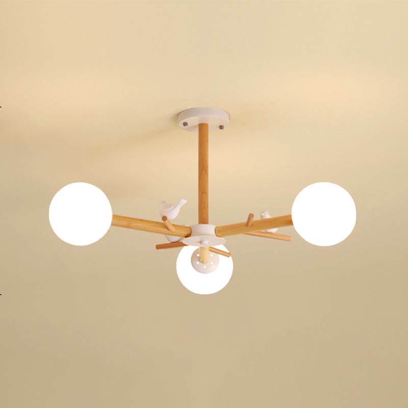 Wood Pendant Light Nordic Style Chandelier Lamp Fixture with Ball Glass Shade