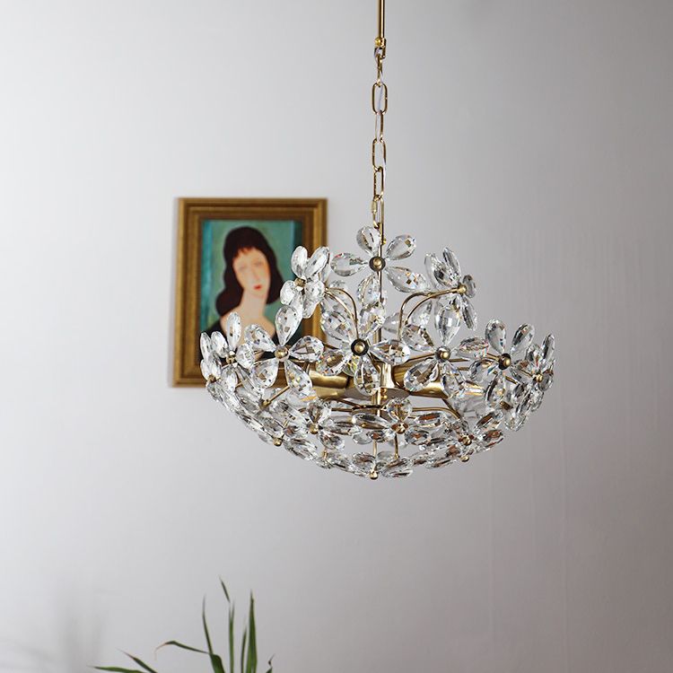Fantasy Petal-shaped Crystal Chandelier Vintage Brass Multi-lights Lighting Fixture for Living Room