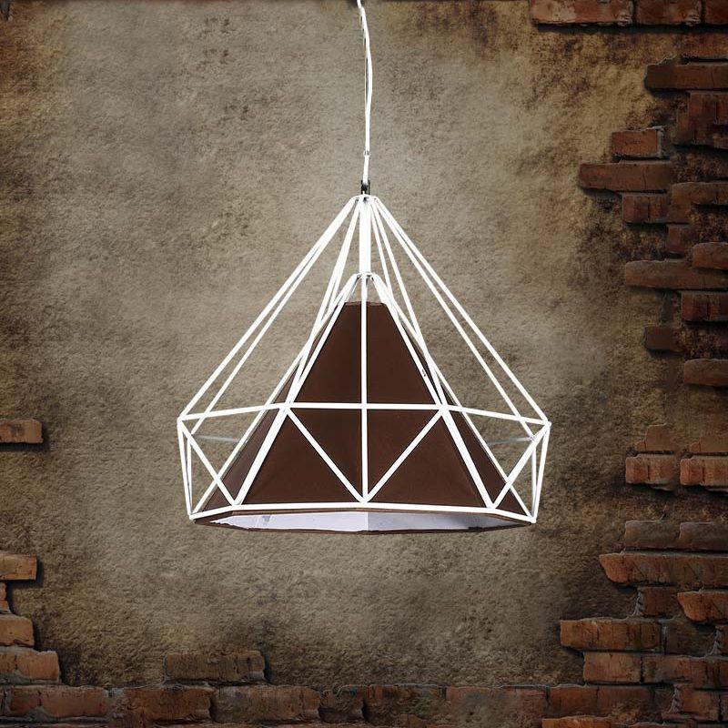 10/15/18" W 1 Bulb Diamond Cage Hanging Light Antique Style White/White and Brown Metal Ceiling Fixture with Fabric Shade