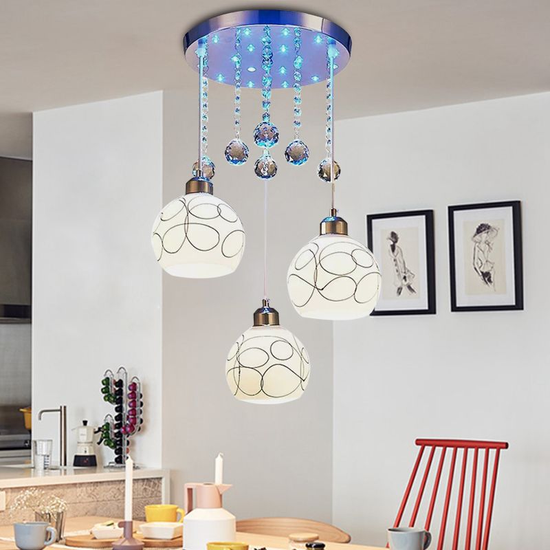 3 Bulbs Dining Room Multi Ceiling Light Modern Chrome Pendulum Lamp with Ball White Glass Shade, Crystal Drop