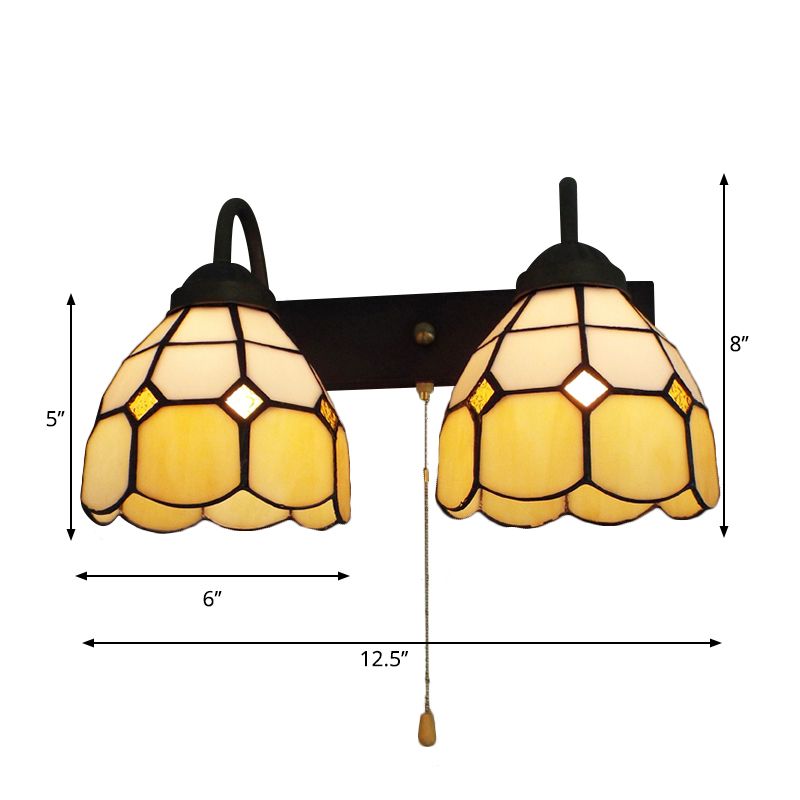 Dome Beige Glass Wall Light Fixture Tiffany 2 Heads Black Sconce Lighting with Pull Chain Switch
