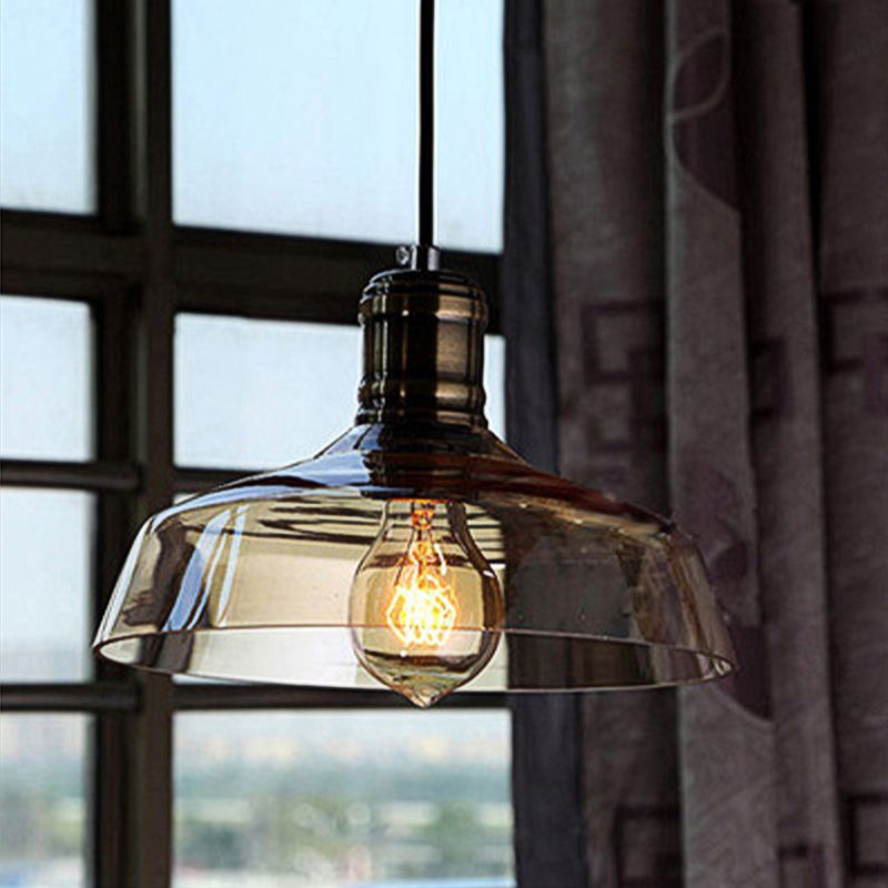 Brass 1 Light Hanging Ceiling Light Retro Vintage Amber Glass Barn Pendants Lighting for Living Room
