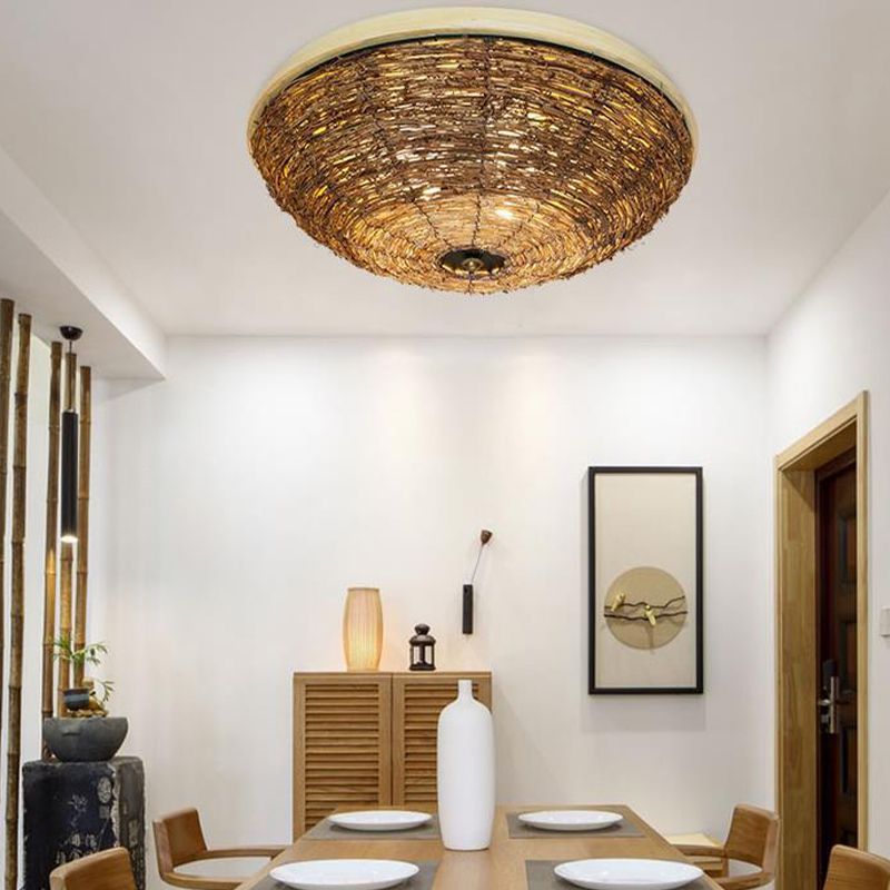 Bowl Flush Ceiling Lamp Tradition Rattan Wood 3 Bulbs Ceiling Light Fixture, 12.5"/16.5" Wide