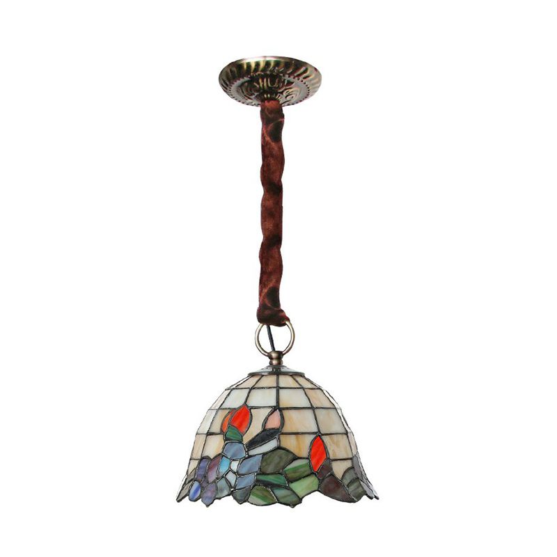 Bell Shaped Hanging Light Fixture Tiffany Stained Glass Single Beige Pendant Lamp with Leaf Pattern