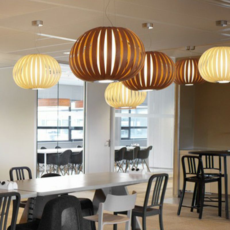 Wood Veneer Global Pendant Lamp Asian 1 Head Suspended Lighting Fixture for Restaurant