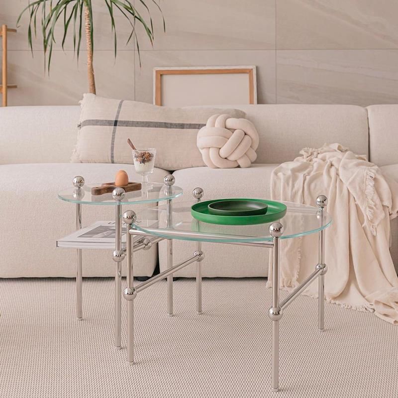 Contemporary Round Coffee Table with Glass Top and Steel Legs in Clear