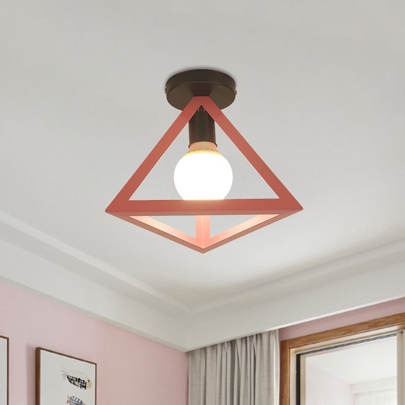 Loft Style Triangle Ceiling Fixture with Cage Shade 1 Bulb Metallic Semi Flush Mount Light in Black/Red