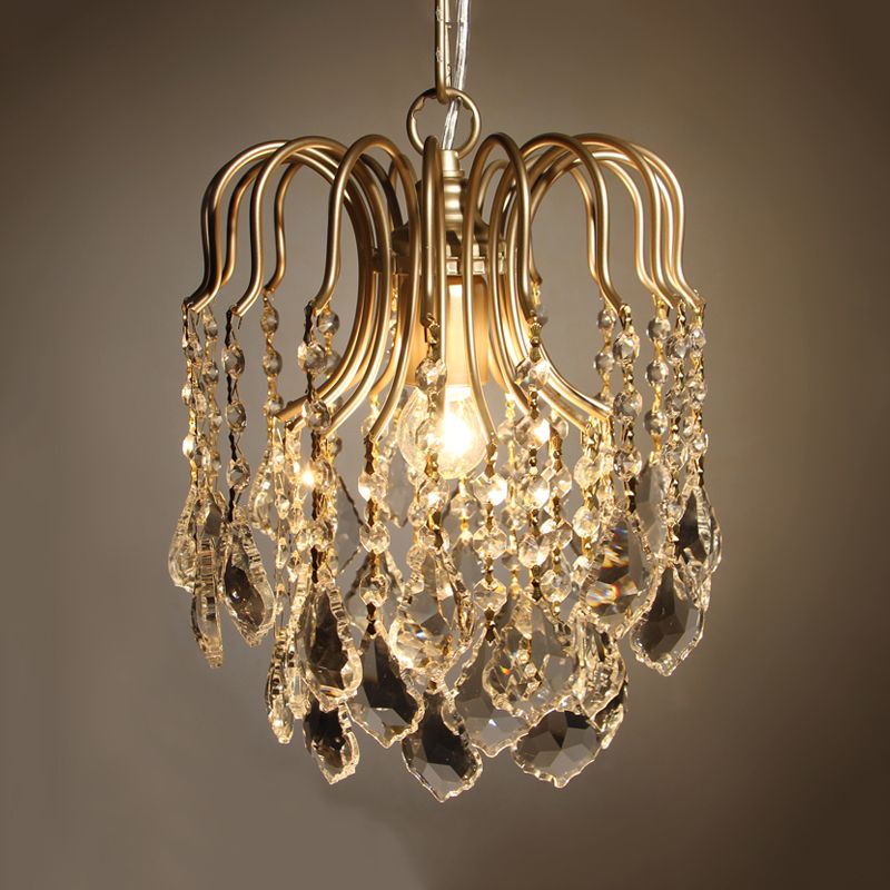 Antiqued Gold 1 Bulb Pendant Lighting Countryside Crystal Draped Hanging Ceiling Light