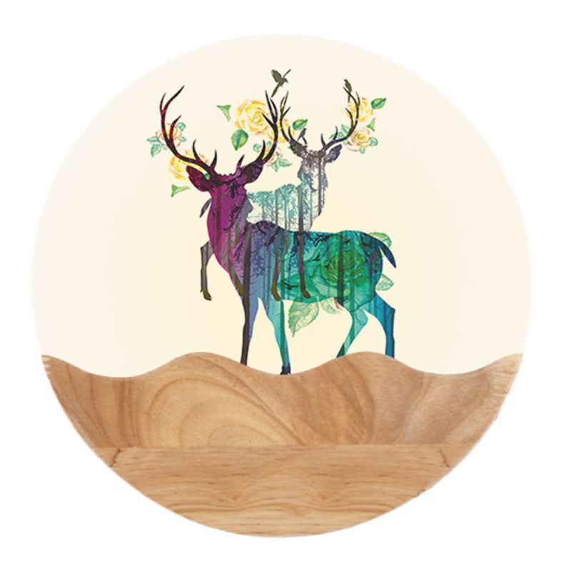 Oriental Circular Acrylic Wall Mount Light LED Mural Light in Wood with Elk Deer Pattern